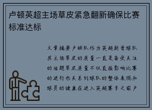 卢顿英超主场草皮紧急翻新确保比赛标准达标